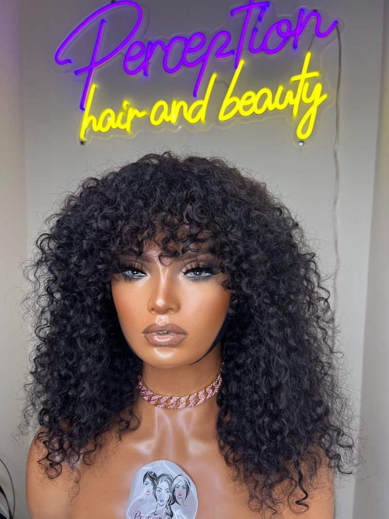 Glueless Full Fringe Curly Wig with 100% human hair and bouncy natural curls