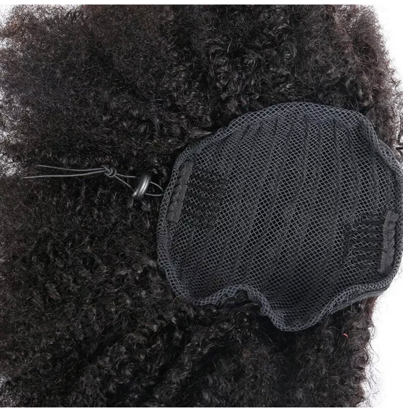 Close-up of natural kinky curly texture on Virgin Afro Drawstring Ponytail